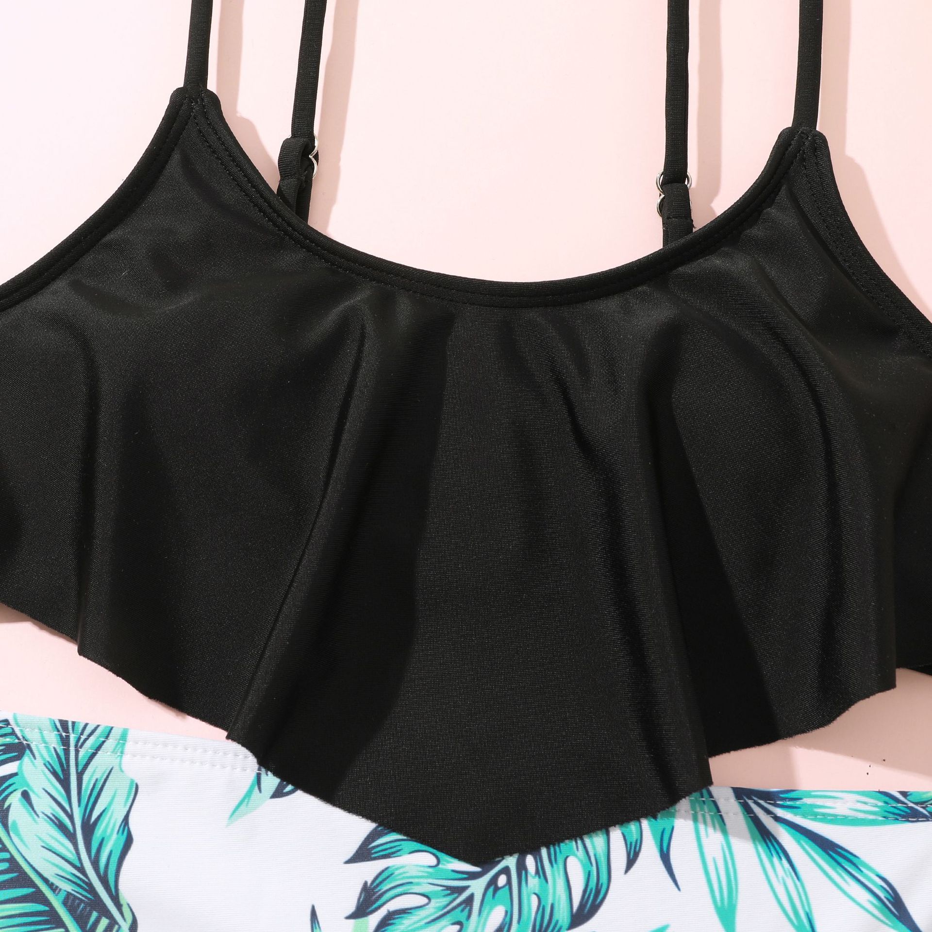 (image for) Girls Ruffle Two‑Piece Bikini Swimsuit Tropical Leaf Print Kids Bathing Suit 130‑160