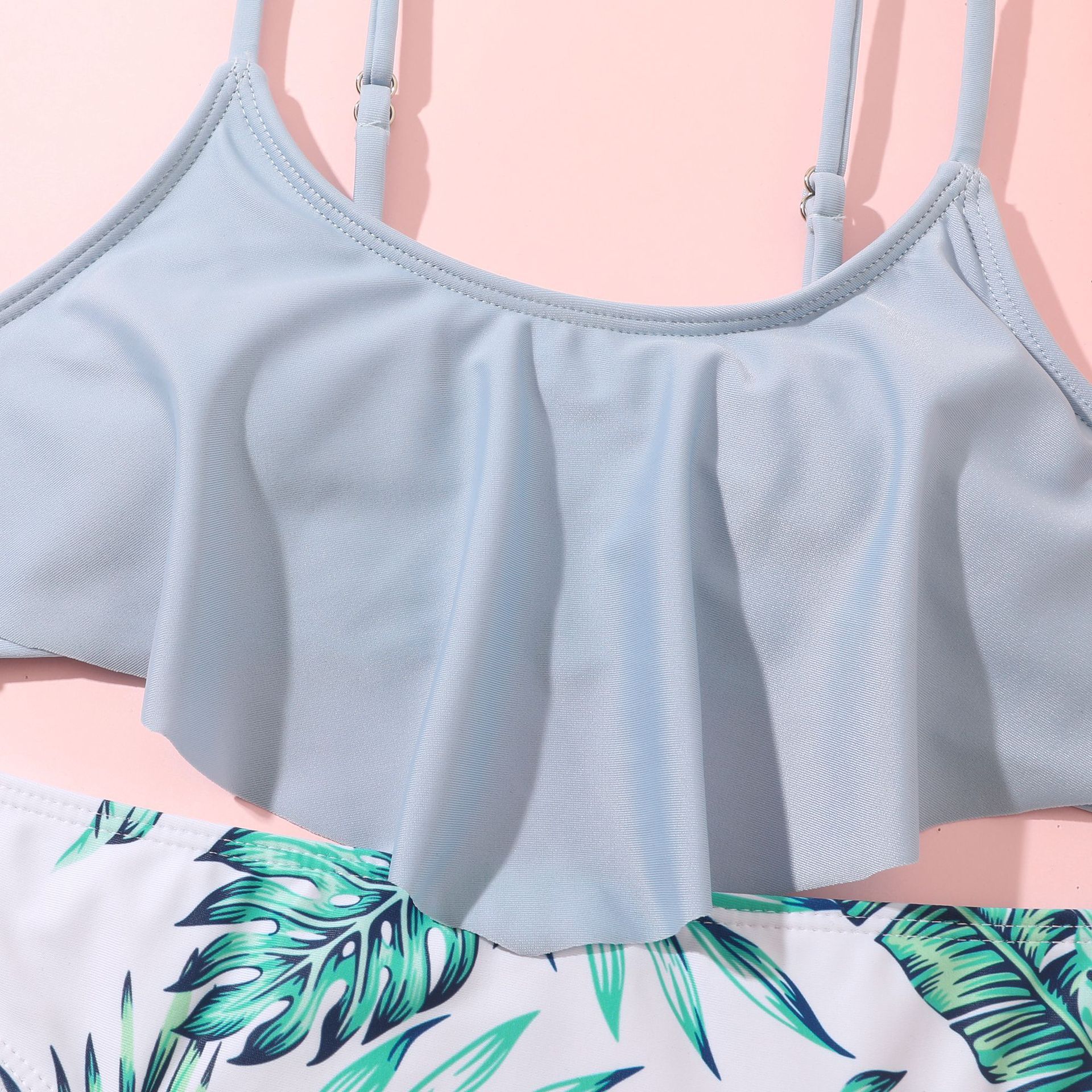 (image for) Girls Ruffle Two‑Piece Bikini Swimsuit Tropical Leaf Print Kids Bathing Suit 130‑160