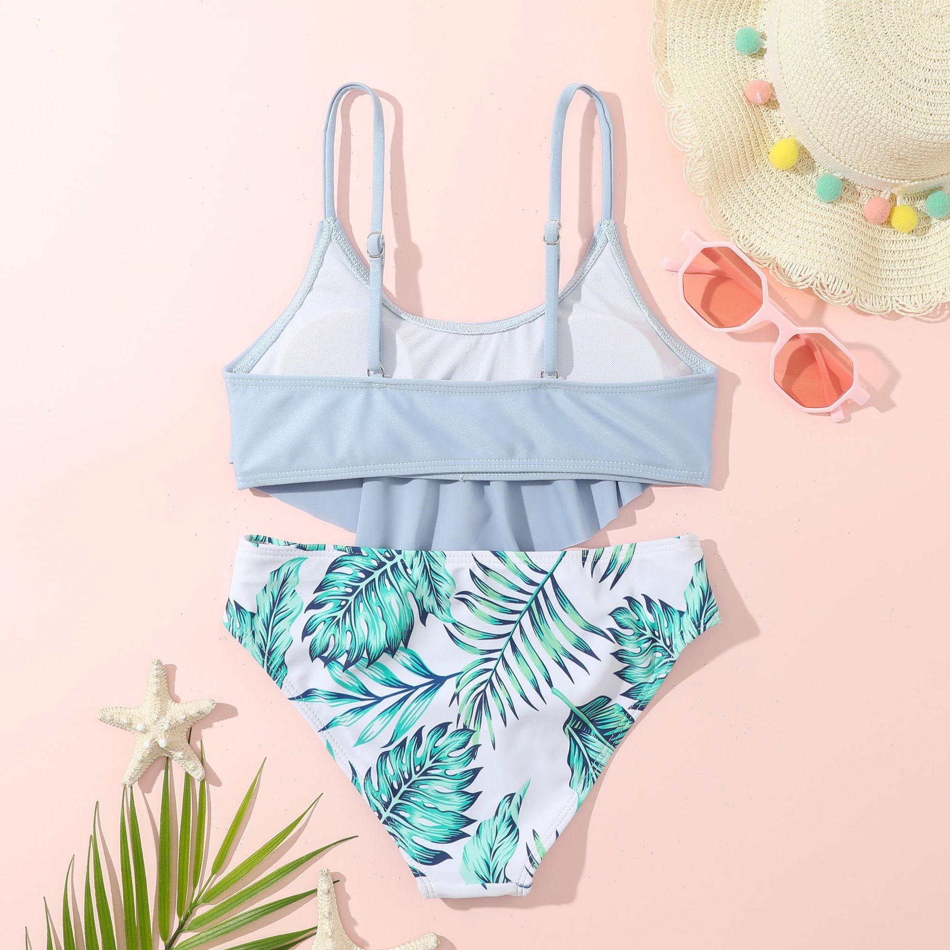 (image for) Girls Ruffle Two‑Piece Bikini Swimsuit Tropical Leaf Print Kids Bathing Suit 130‑160