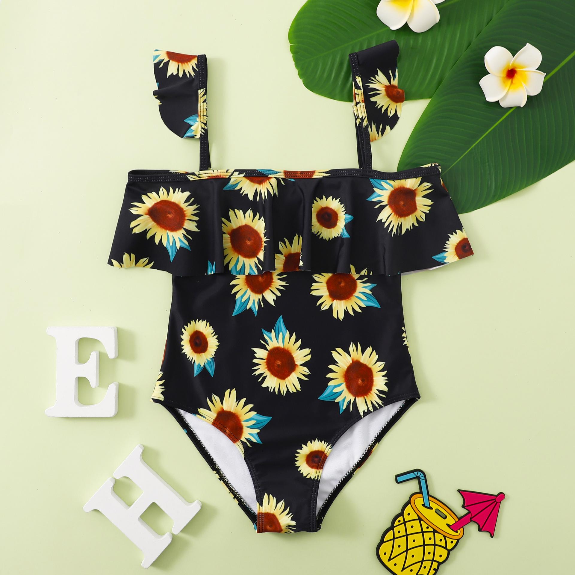 (image for) Girls One‑Piece Sunflower Print Swimsuit Ruffle Off‑Shoulder Kids Bathing Suit 130‑160
