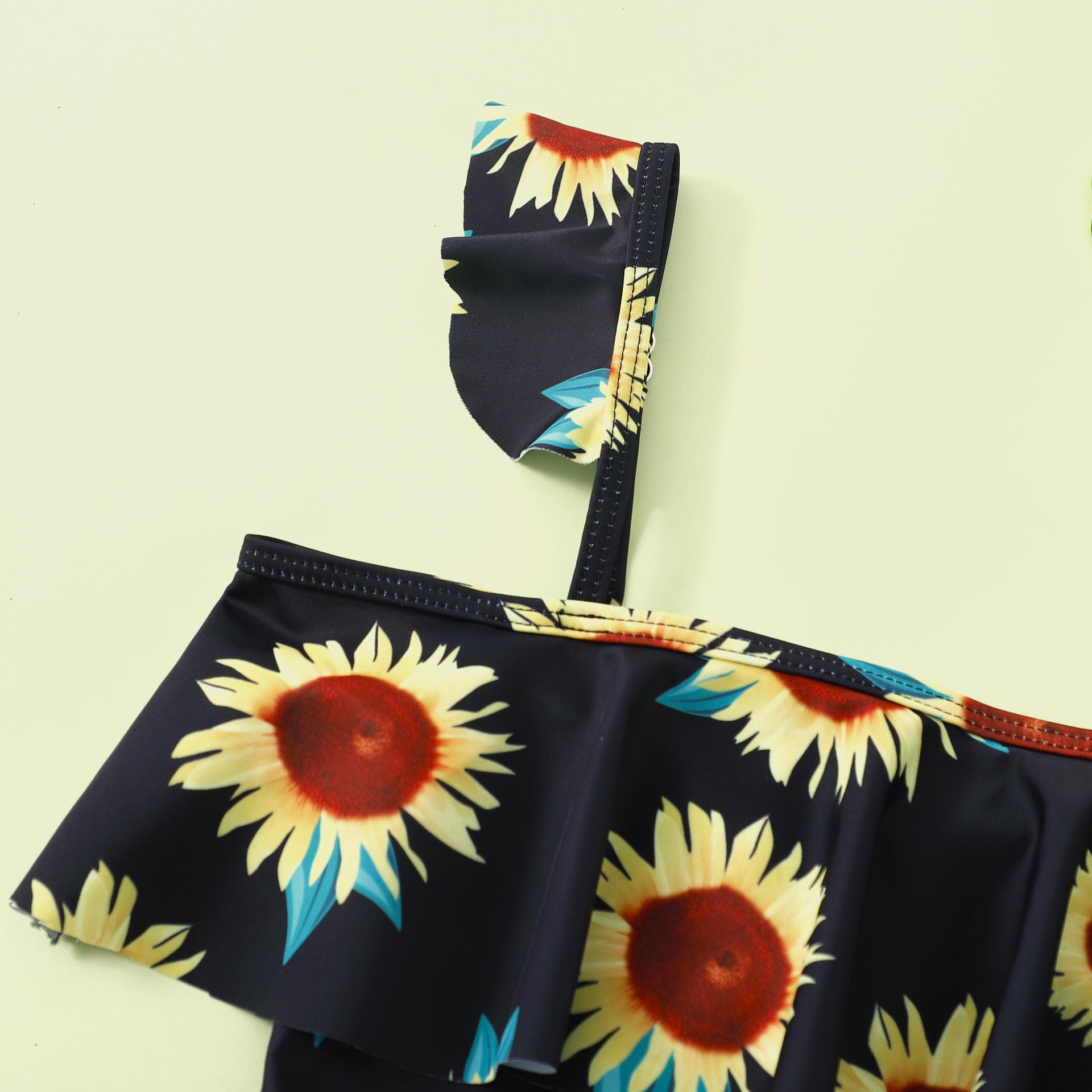 (image for) Girls One‑Piece Sunflower Print Swimsuit Ruffle Off‑Shoulder Kids Bathing Suit 130‑160