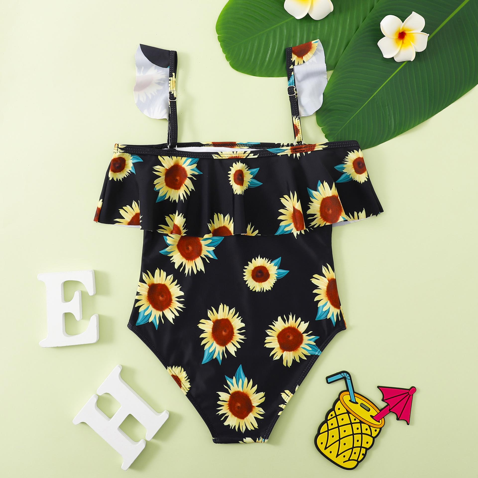 (image for) Girls One‑Piece Sunflower Print Swimsuit Ruffle Off‑Shoulder Kids Bathing Suit 130‑160