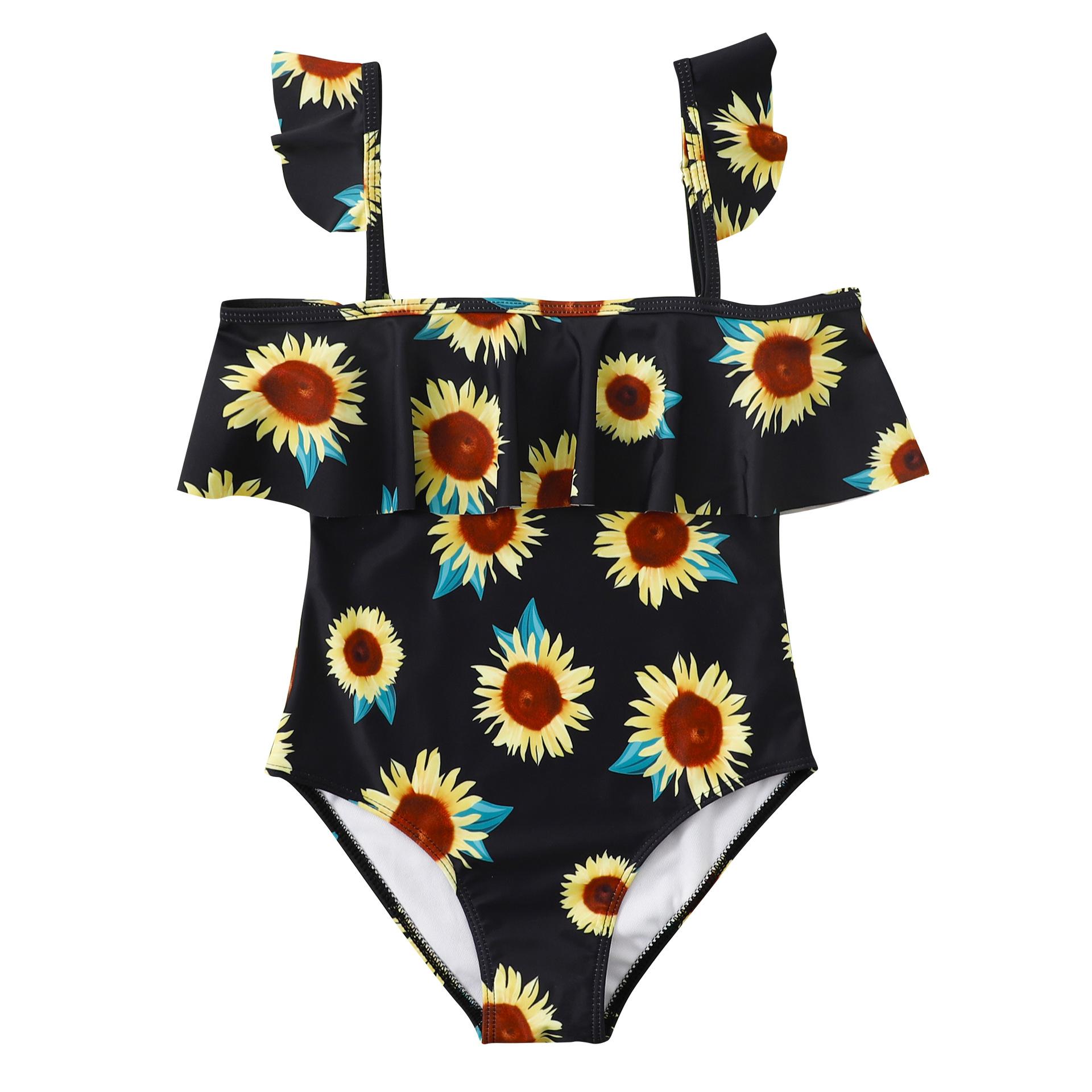 (image for) Girls One‑Piece Sunflower Print Swimsuit Ruffle Off‑Shoulder Kids Bathing Suit 130‑160