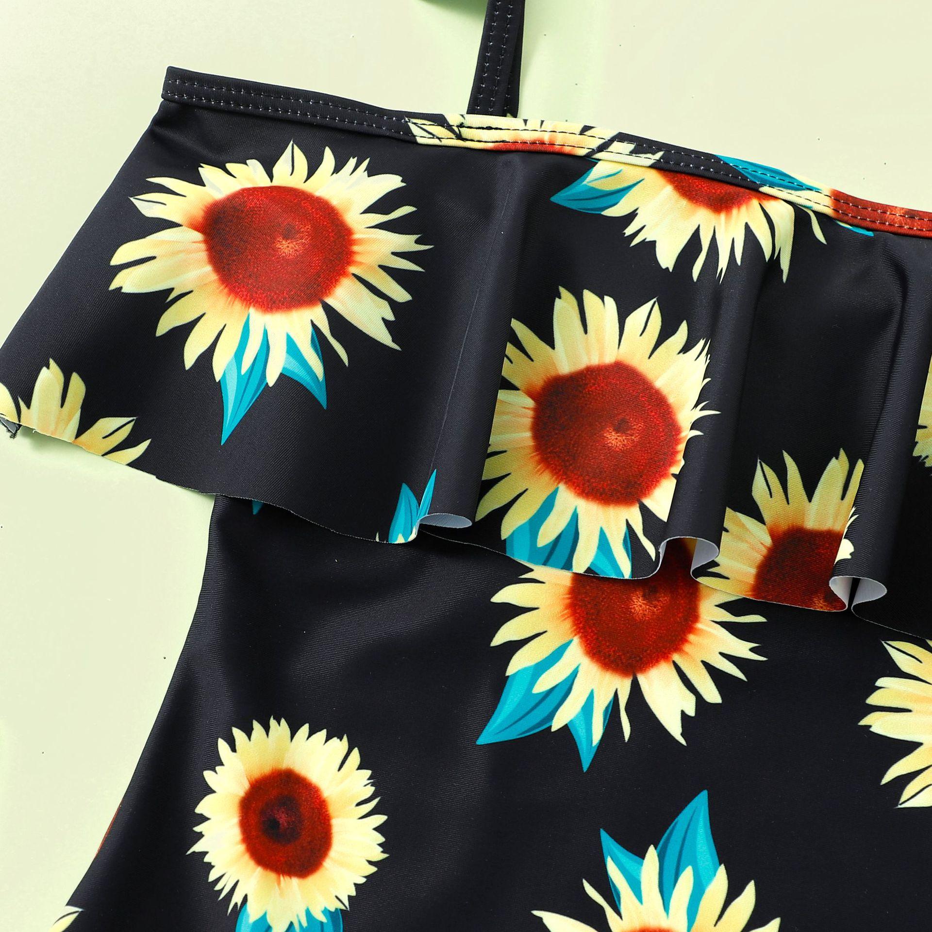 (image for) Girls One‑Piece Sunflower Print Swimsuit Ruffle Off‑Shoulder Kids Bathing Suit 130‑160