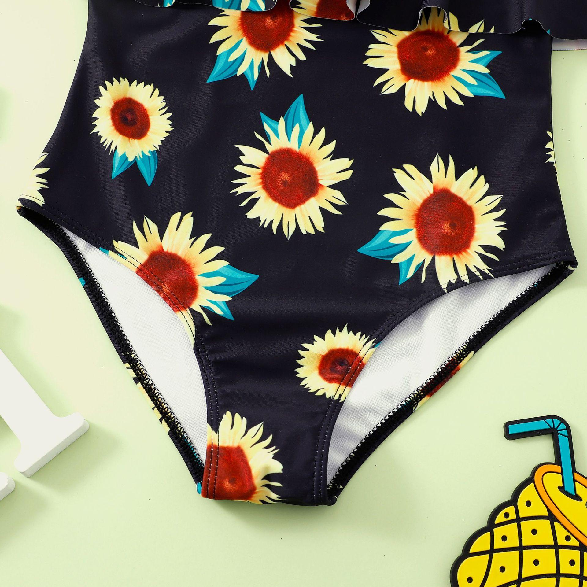 (image for) Girls One‑Piece Sunflower Print Swimsuit Ruffle Off‑Shoulder Kids Bathing Suit 130‑160
