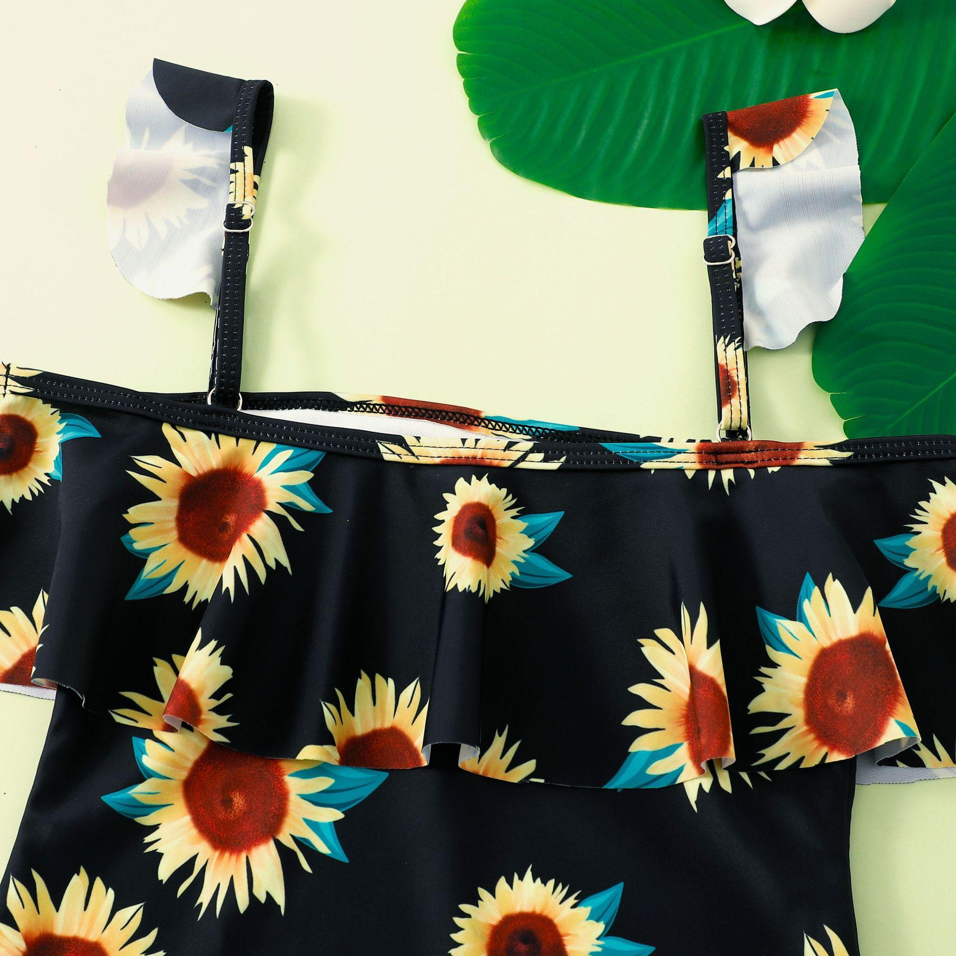 (image for) Girls One‑Piece Sunflower Print Swimsuit Ruffle Off‑Shoulder Kids Bathing Suit 130‑160