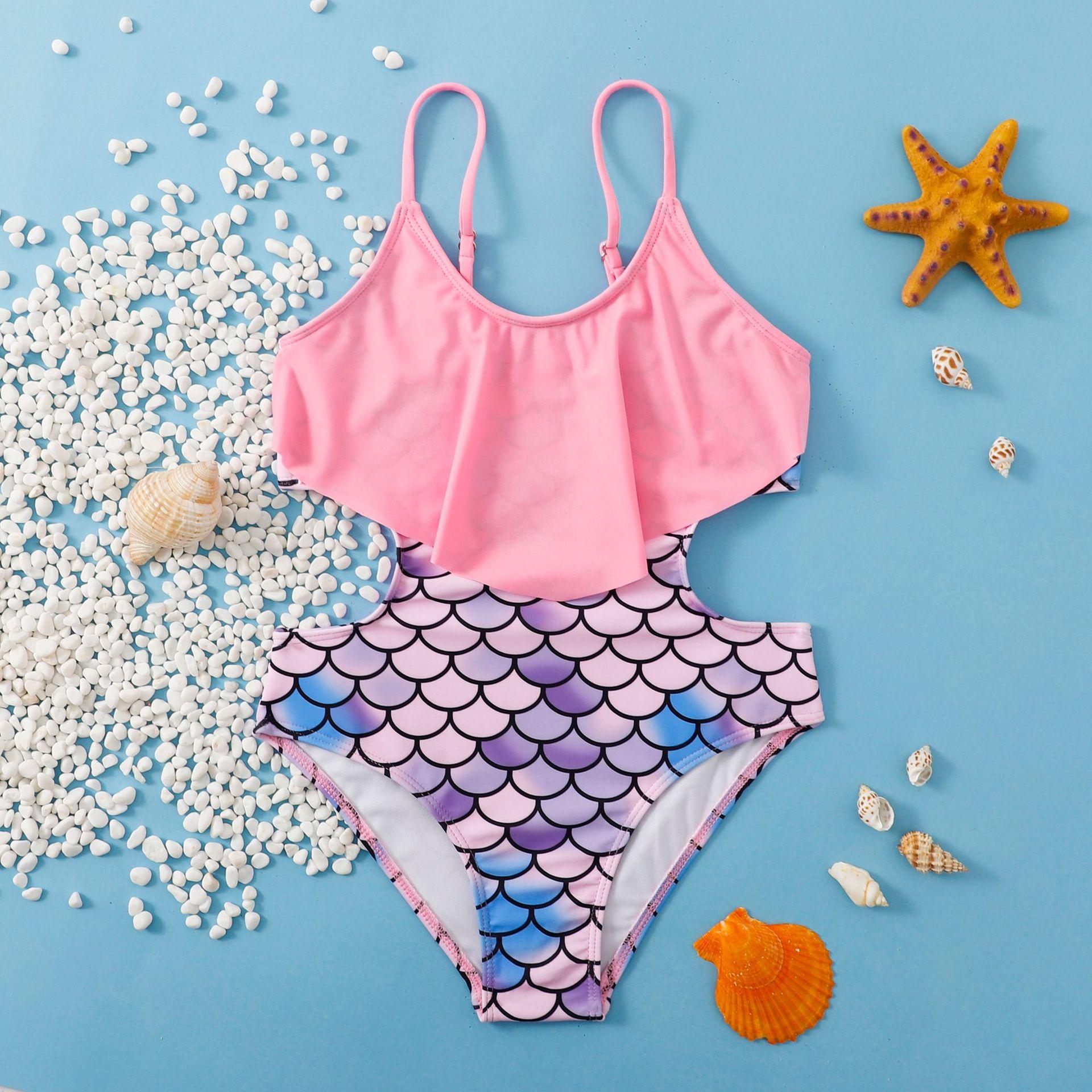 (image for) Girls Mermaid Scale One‑Piece Swimsuit Ruffle Cutout Kids Bathing Suit 130‑160
