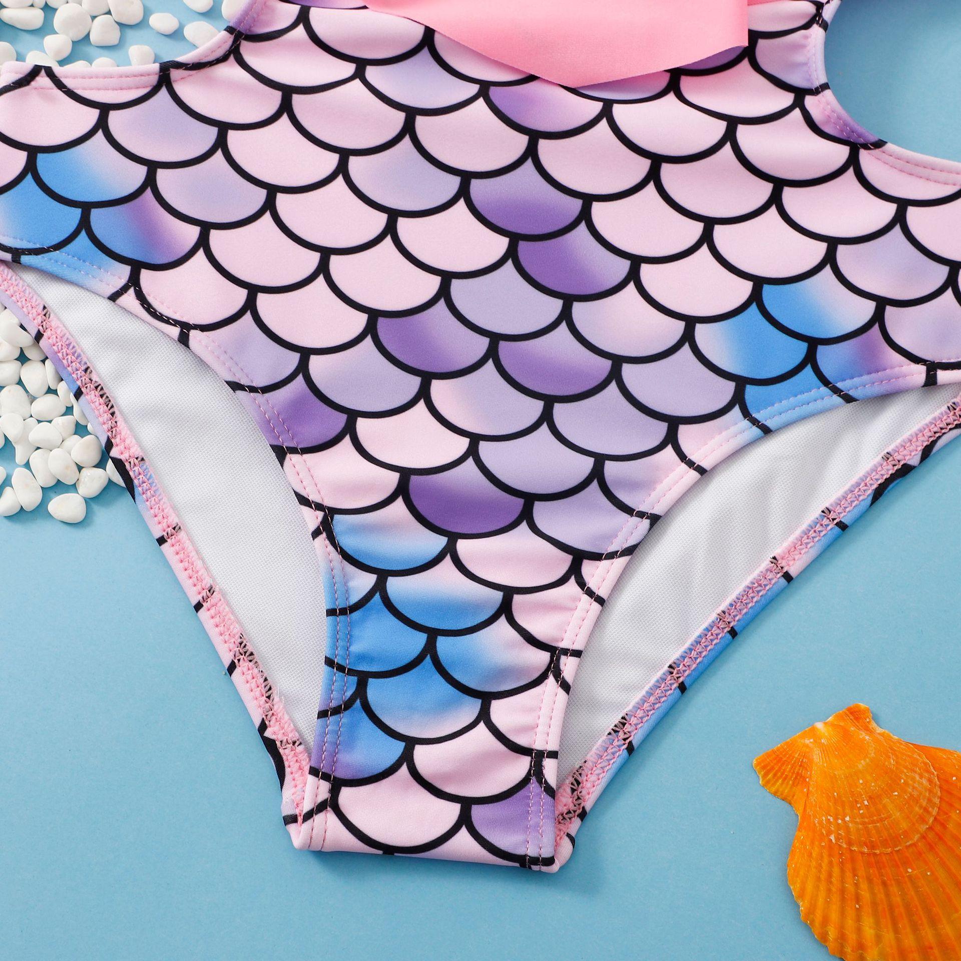 (image for) Girls Mermaid Scale One‑Piece Swimsuit Ruffle Cutout Kids Bathing Suit 130‑160