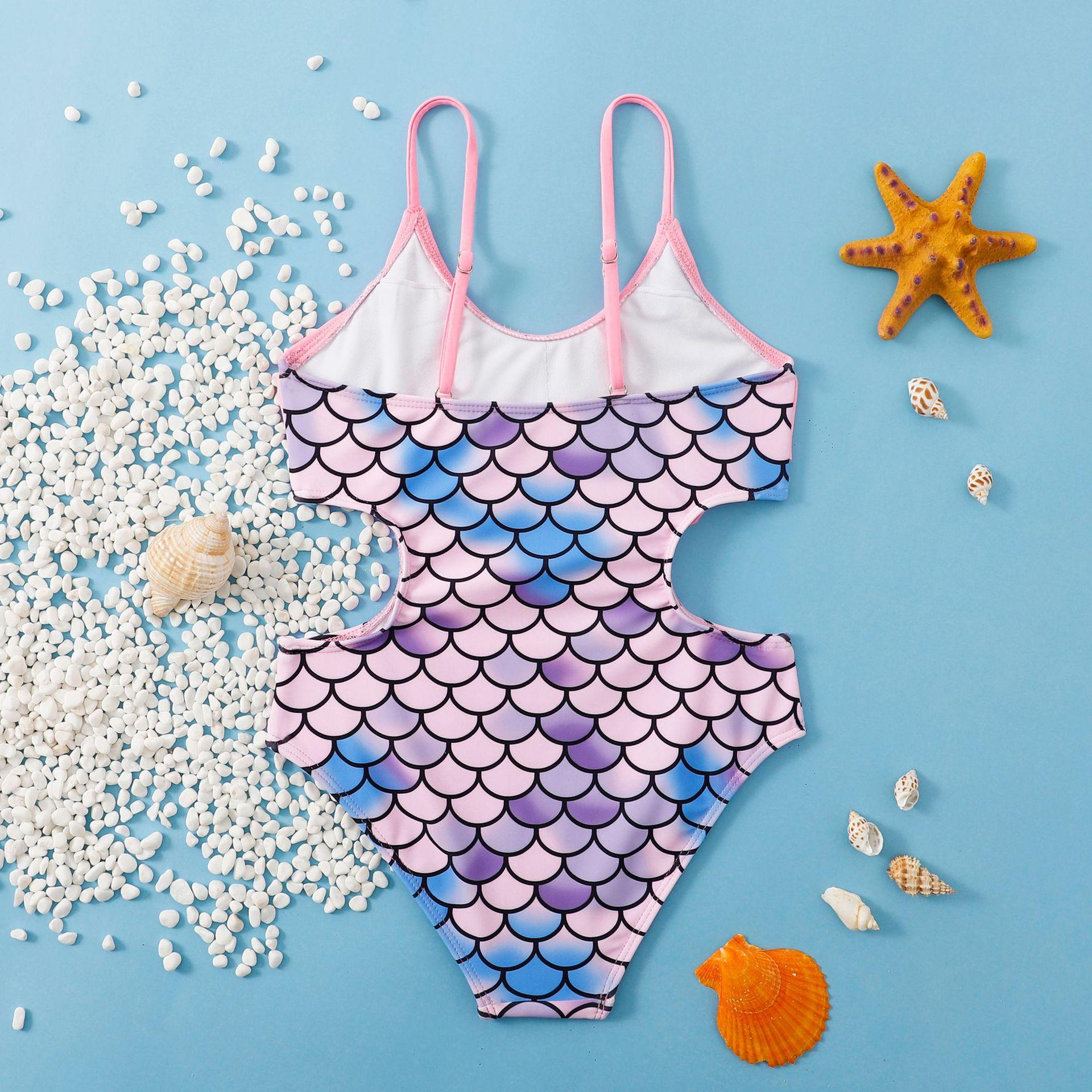(image for) Girls Mermaid Scale One‑Piece Swimsuit Ruffle Cutout Kids Bathing Suit 130‑160
