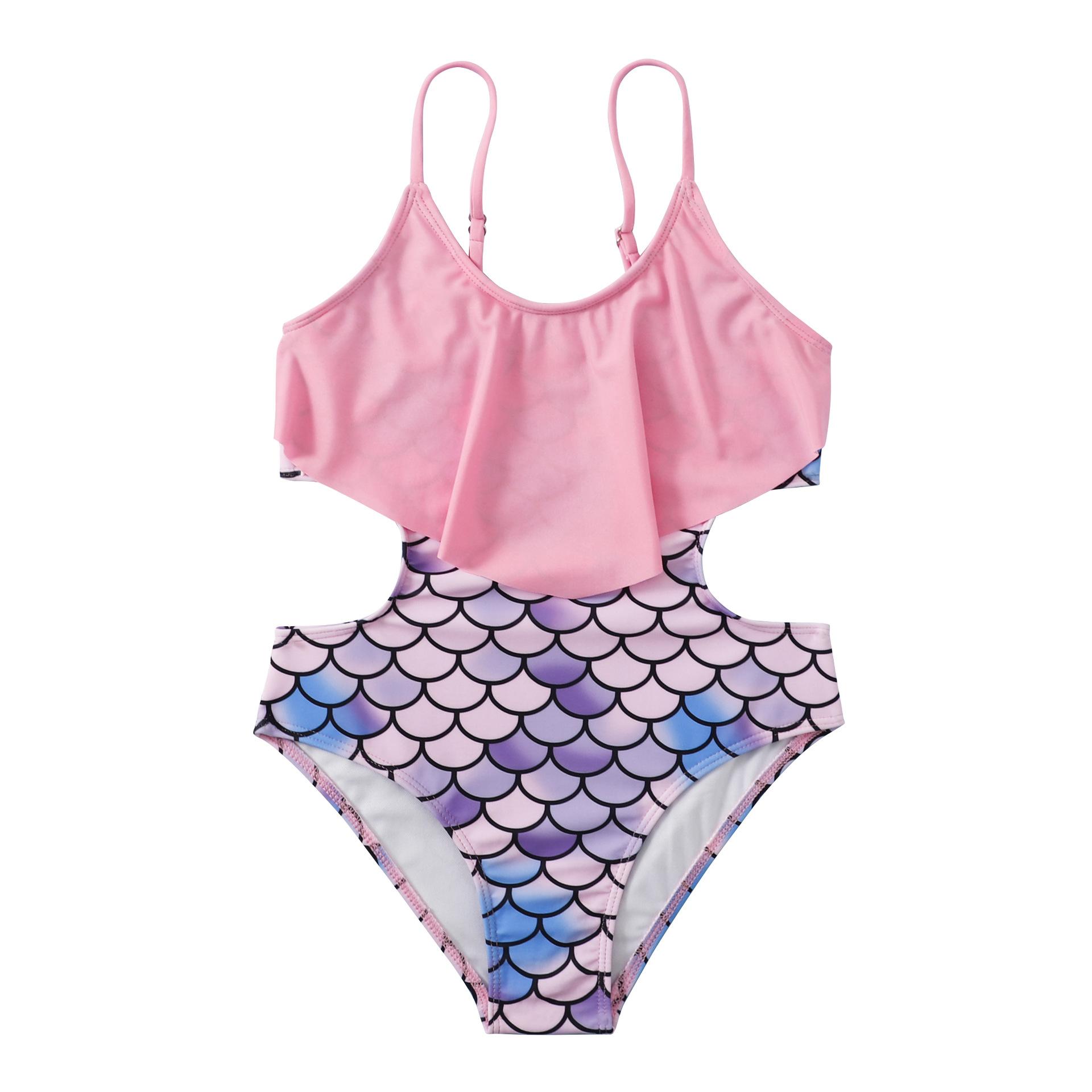 (image for) Girls Mermaid Scale One‑Piece Swimsuit Ruffle Cutout Kids Bathing Suit 130‑160