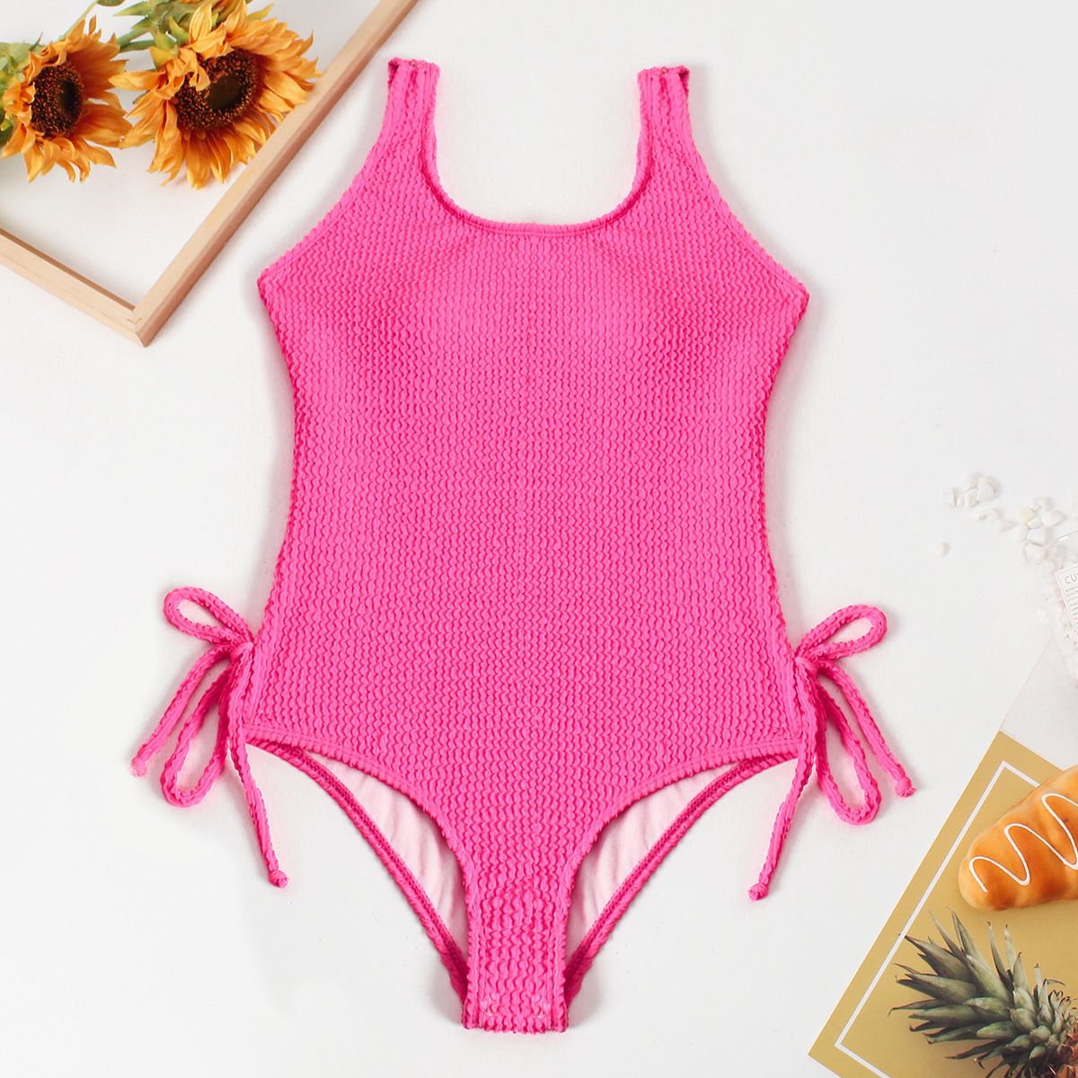 (image for) Girls Solid Textured One‑Piece Swimsuit Side Tie Kids Bathing Suit Children Swimwear 130‑160