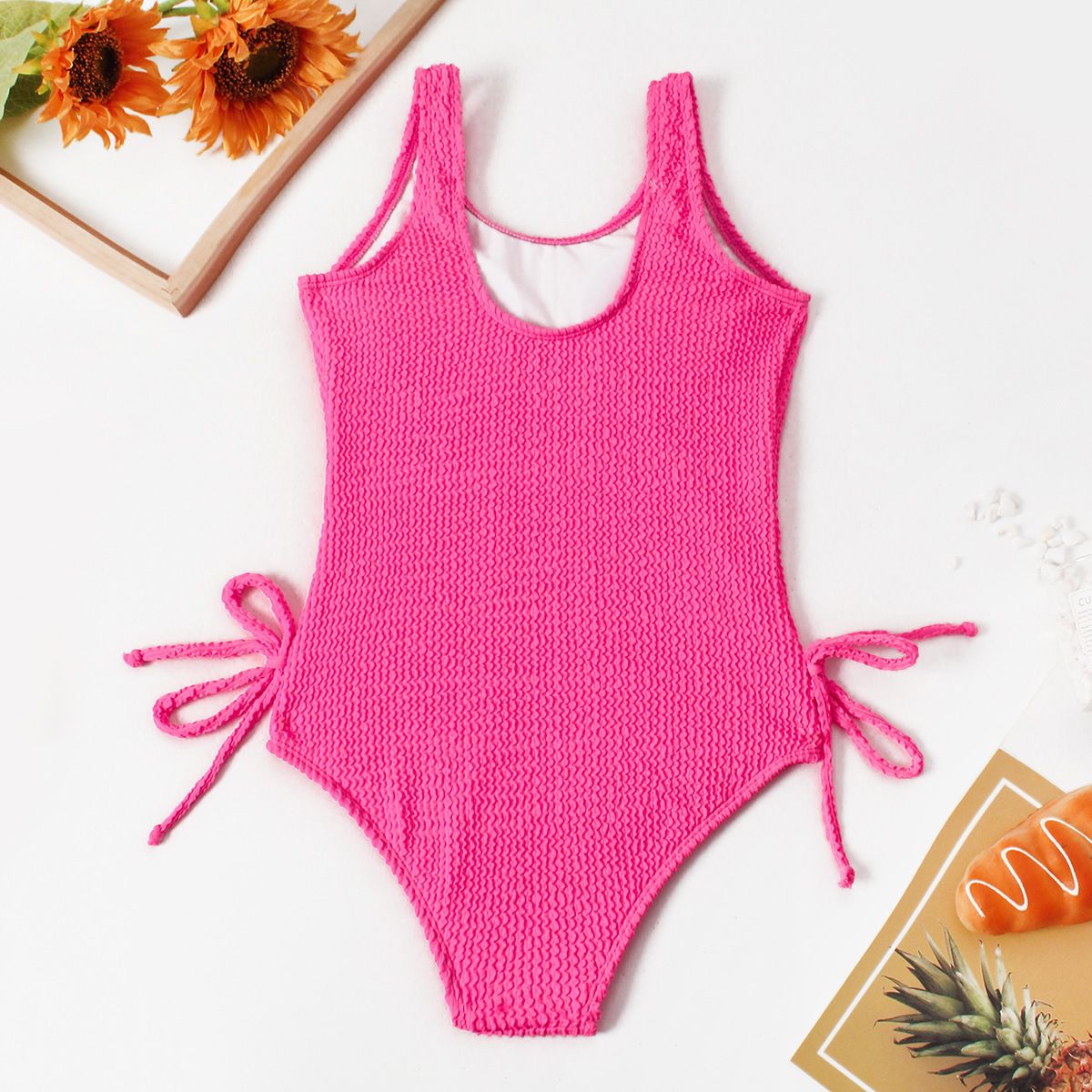 (image for) Girls Solid Textured One‑Piece Swimsuit Side Tie Kids Bathing Suit Children Swimwear 130‑160