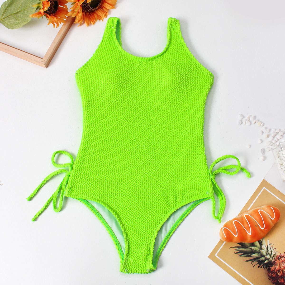 (image for) Girls Solid Textured One‑Piece Swimsuit Side Tie Kids Bathing Suit Children Swimwear 130‑160
