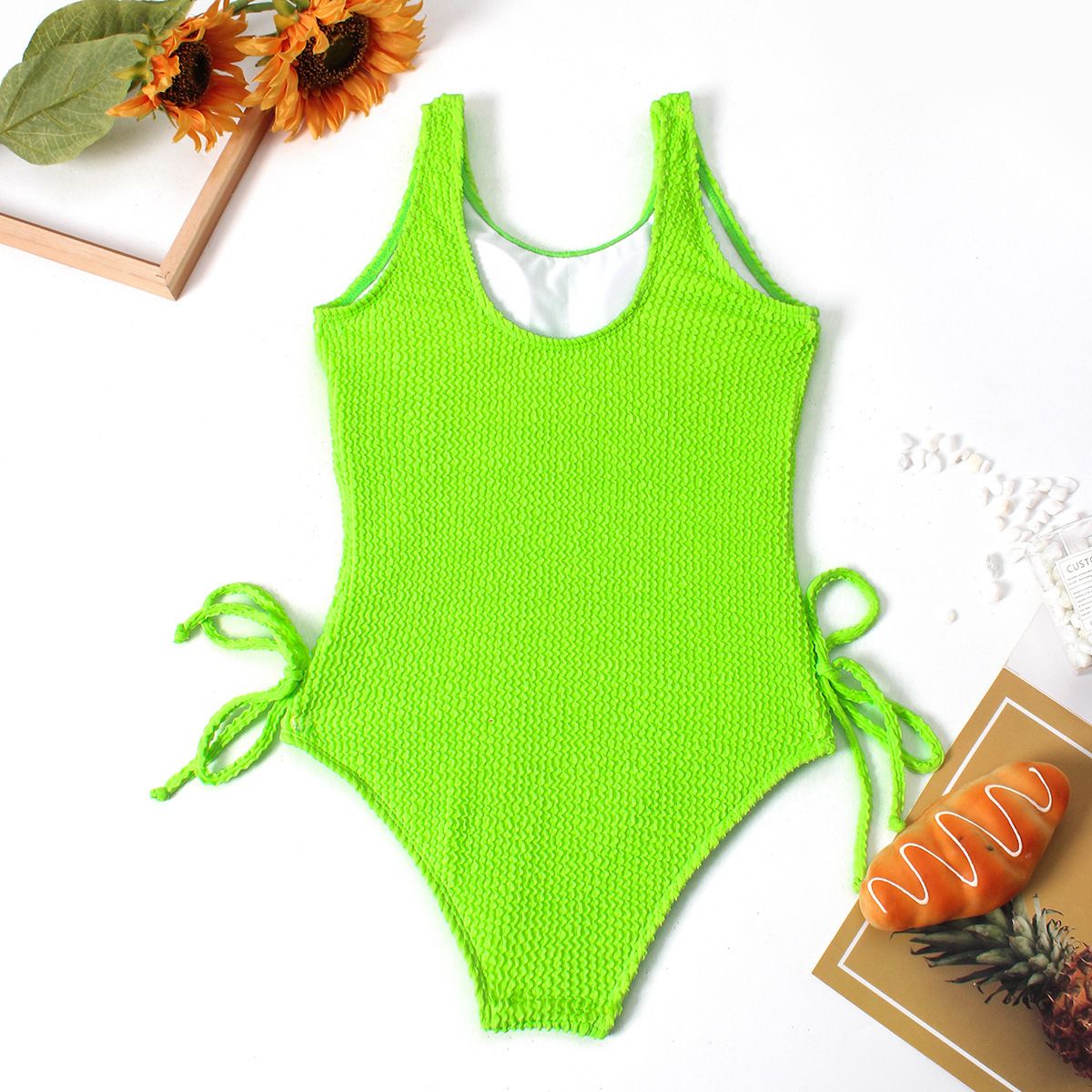 (image for) Girls Solid Textured One‑Piece Swimsuit Side Tie Kids Bathing Suit Children Swimwear 130‑160
