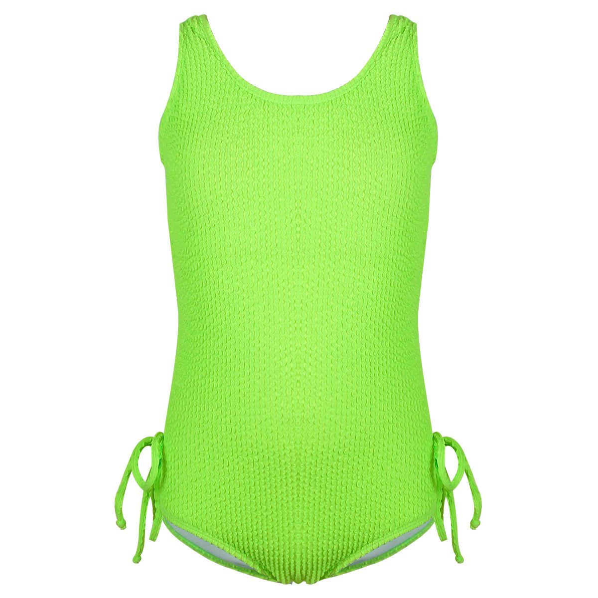 (image for) Girls Solid Textured One‑Piece Swimsuit Side Tie Kids Bathing Suit Children Swimwear 130‑160
