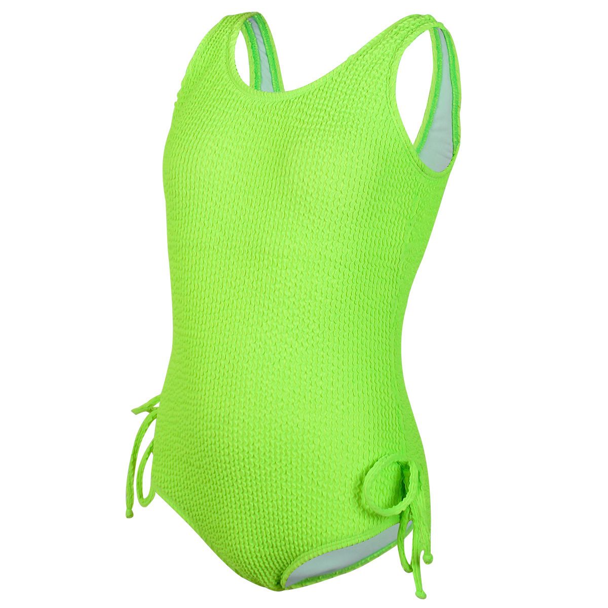 (image for) Girls Solid Textured One‑Piece Swimsuit Side Tie Kids Bathing Suit Children Swimwear 130‑160