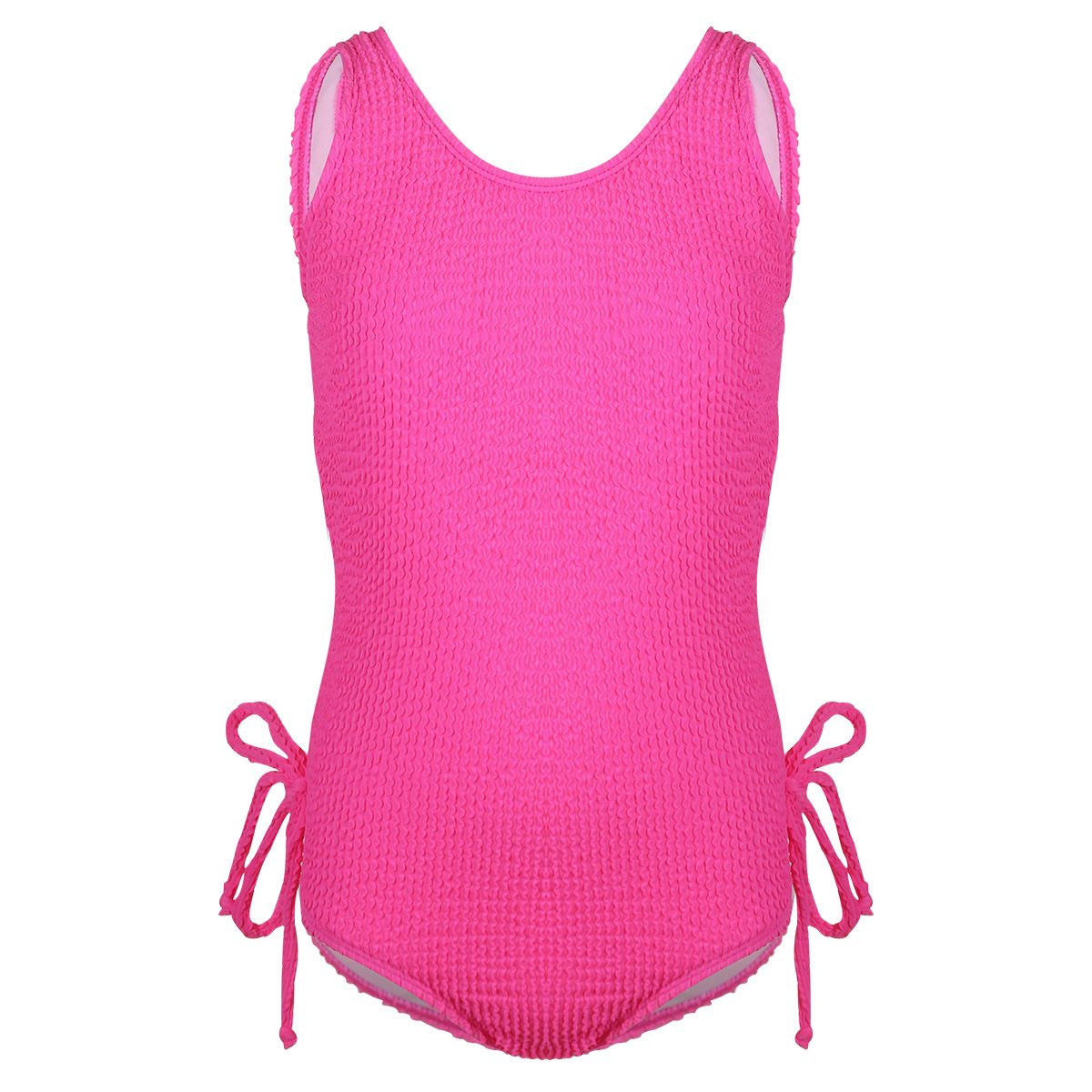 (image for) Girls Solid Textured One‑Piece Swimsuit Side Tie Kids Bathing Suit Children Swimwear 130‑160