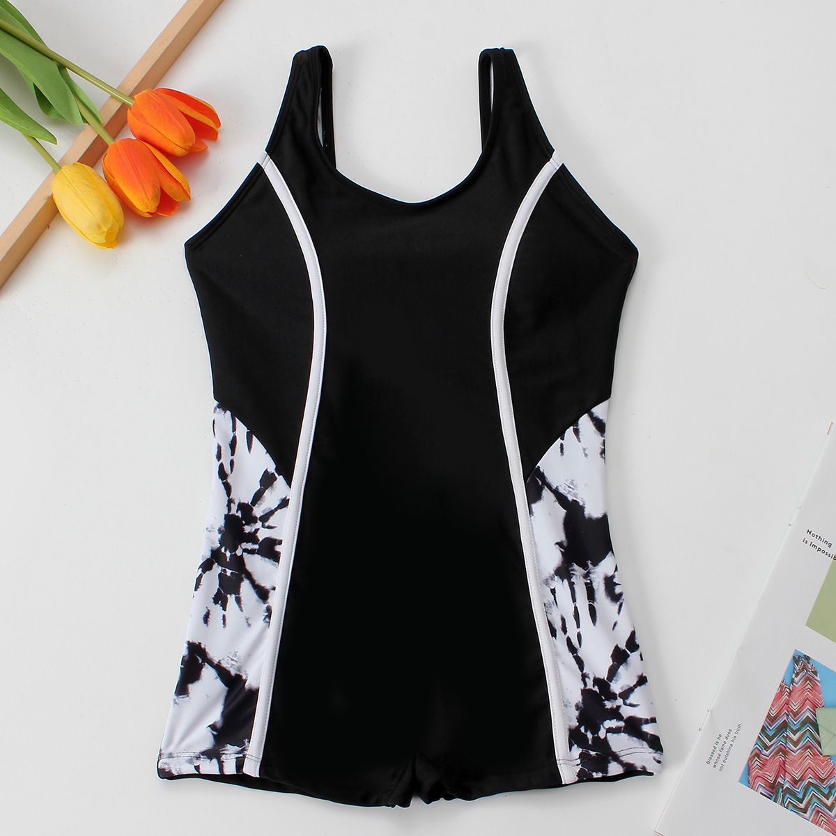 (image for) Girls Sporty One‑Piece Boyleg Swimsuit Color Block Tie‑Dye Kids Competitive Swimwear 130‑160