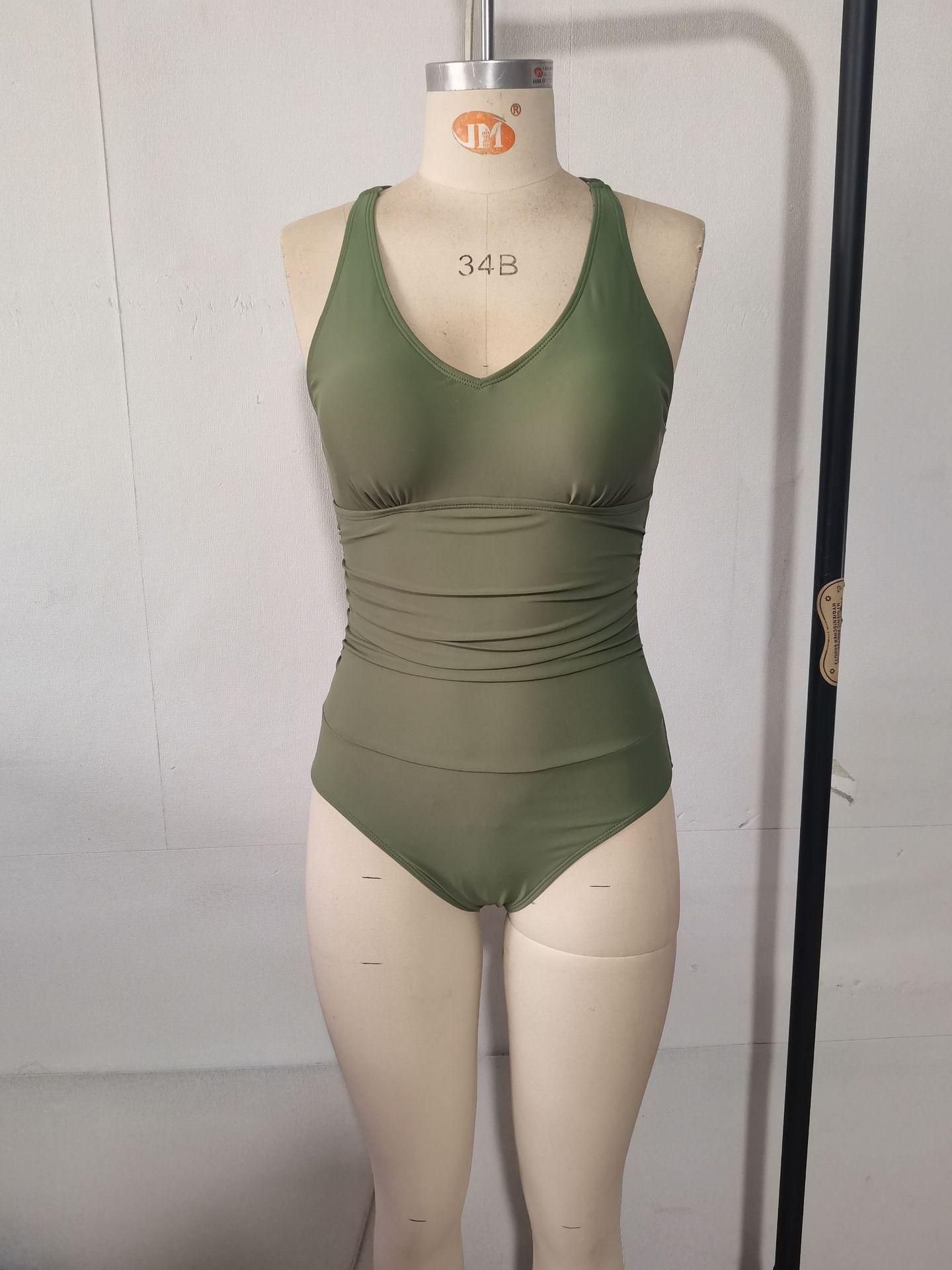 (image for) Women's Solid Color Crisscross Shoulder Strap One-Piece Swimsuit Padded No Underwire Slimming V-Neck Beach Swimwear