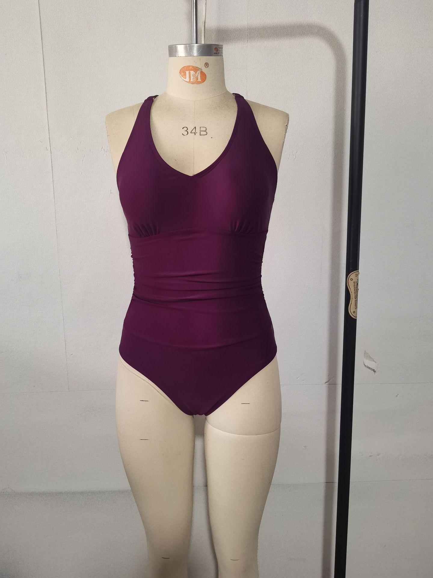 (image for) Women's Solid Color Crisscross Shoulder Strap One-Piece Swimsuit Padded No Underwire Slimming V-Neck Beach Swimwear
