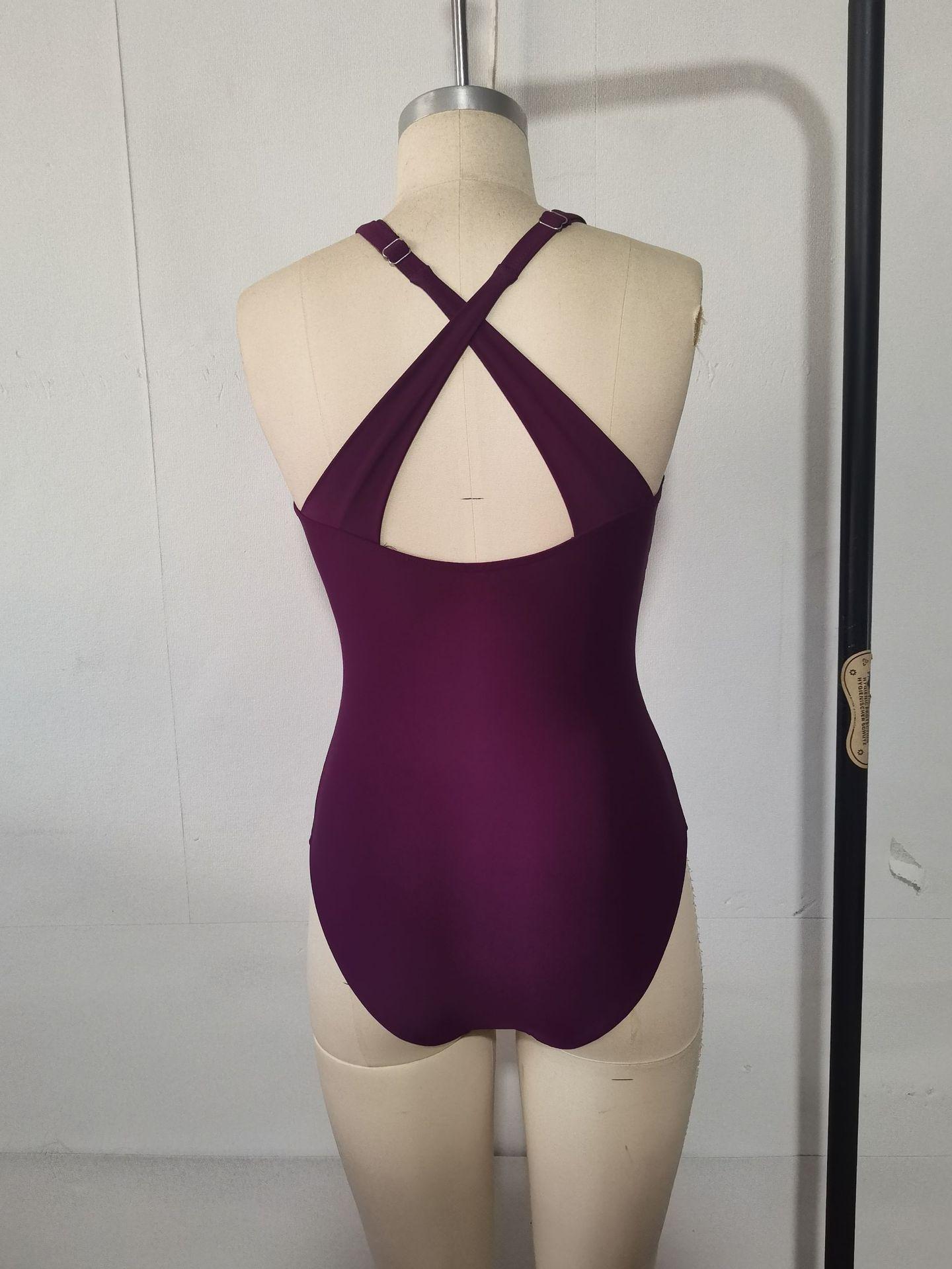 (image for) Women's Solid Color Crisscross Shoulder Strap One-Piece Swimsuit Padded No Underwire Slimming V-Neck Beach Swimwear