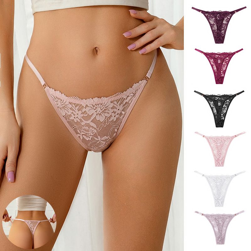(image for) Women Floral Embroidered Lace Thong Panties Low Rise Breathable Sexy No-Show Intimates