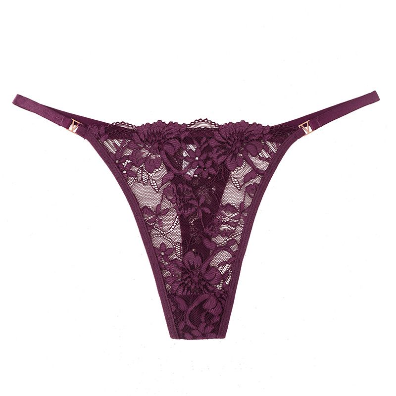 (image for) Women Floral Embroidered Lace Thong Panties Low Rise Breathable Sexy No-Show Intimates