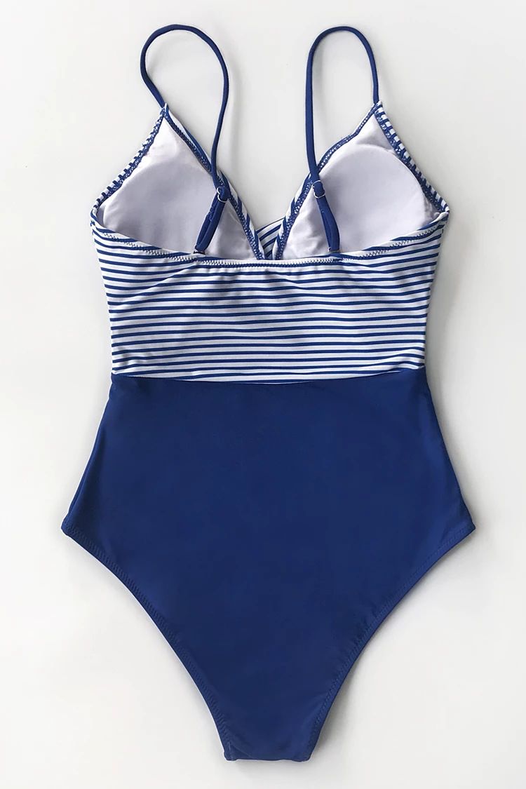 (image for) Women Striped Cross V‑Neck One‑Piece Swimsuit, Tummy Control Backless Bathing Suit for Vacation