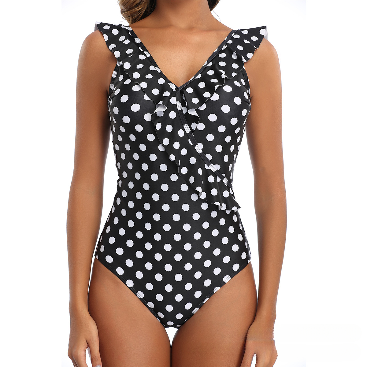 Sexy backless polka dot conservative one-piece swimsuit for women
