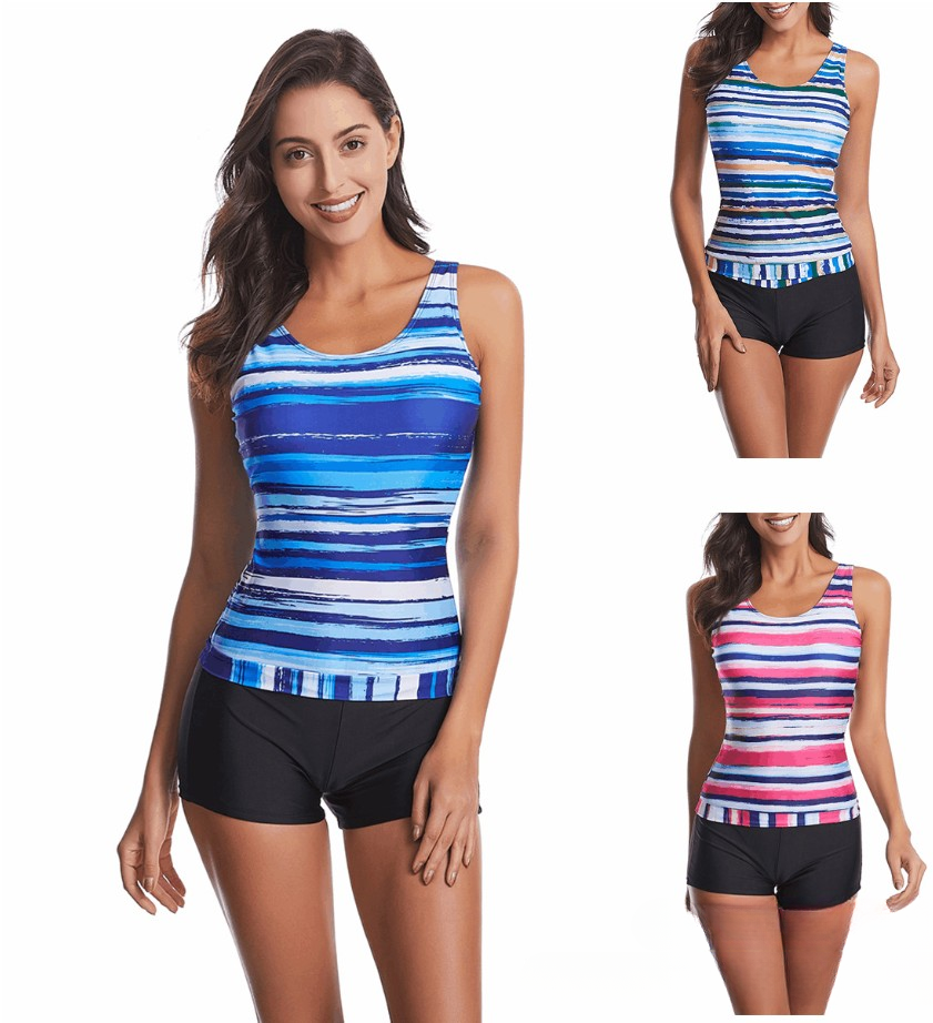 Sexy striped printed halter neck split swimsuit for women