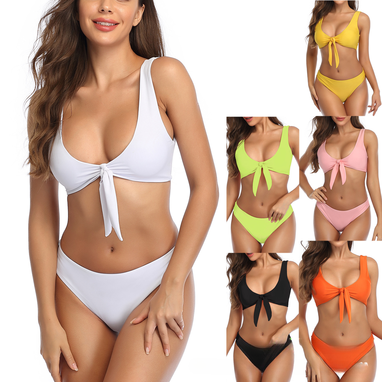 New bikini solid color wide shoulder strap knot split bikini sexy beach swimsuit