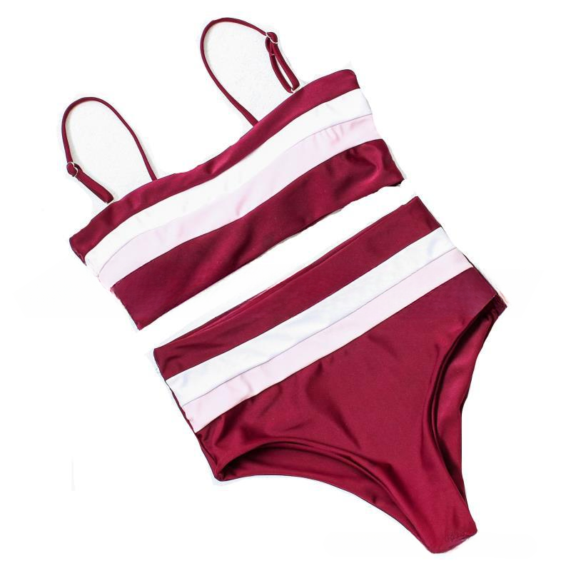 New women's split sexy multi-color bikini striped color blocked high waisted swimsuit