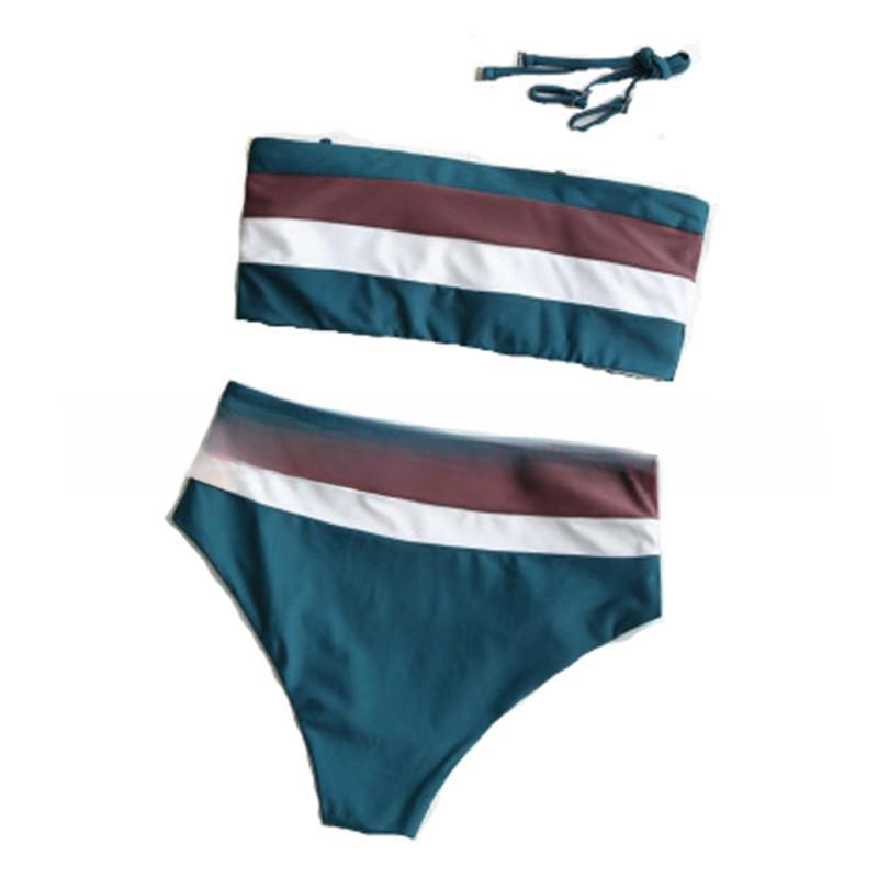 New women's split sexy multi-color bikini striped color blocked high waisted swimsuit