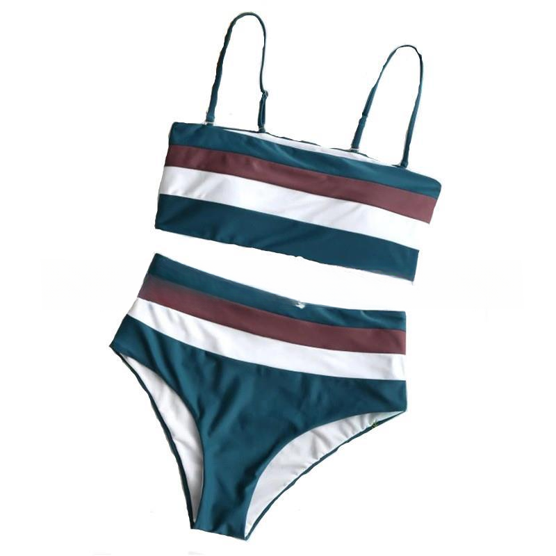 New women's split sexy multi-color bikini striped color blocked high waisted swimsuit