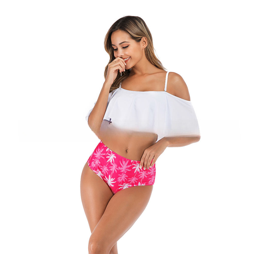 Women's two-piece swimsuit with exposed shoulders, lotus leaf edges, exposed navel, high waist bikini