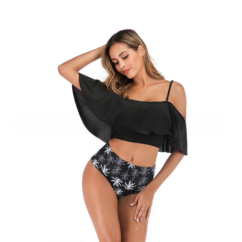 Women's two-piece swimsuit with exposed shoulders, lotus leaf edges, exposed navel, high waist bikini