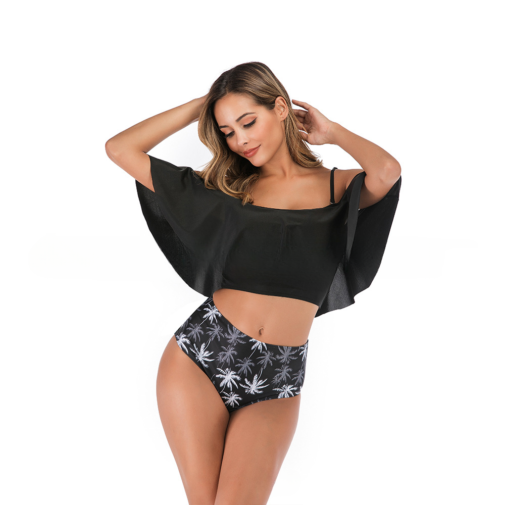 Women's two-piece swimsuit with exposed shoulders, lotus leaf edges, exposed navel, high waist bikini