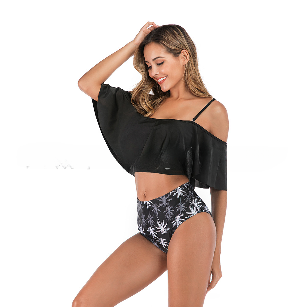 Women's two-piece swimsuit with exposed shoulders, lotus leaf edges, exposed navel, high waist bikini