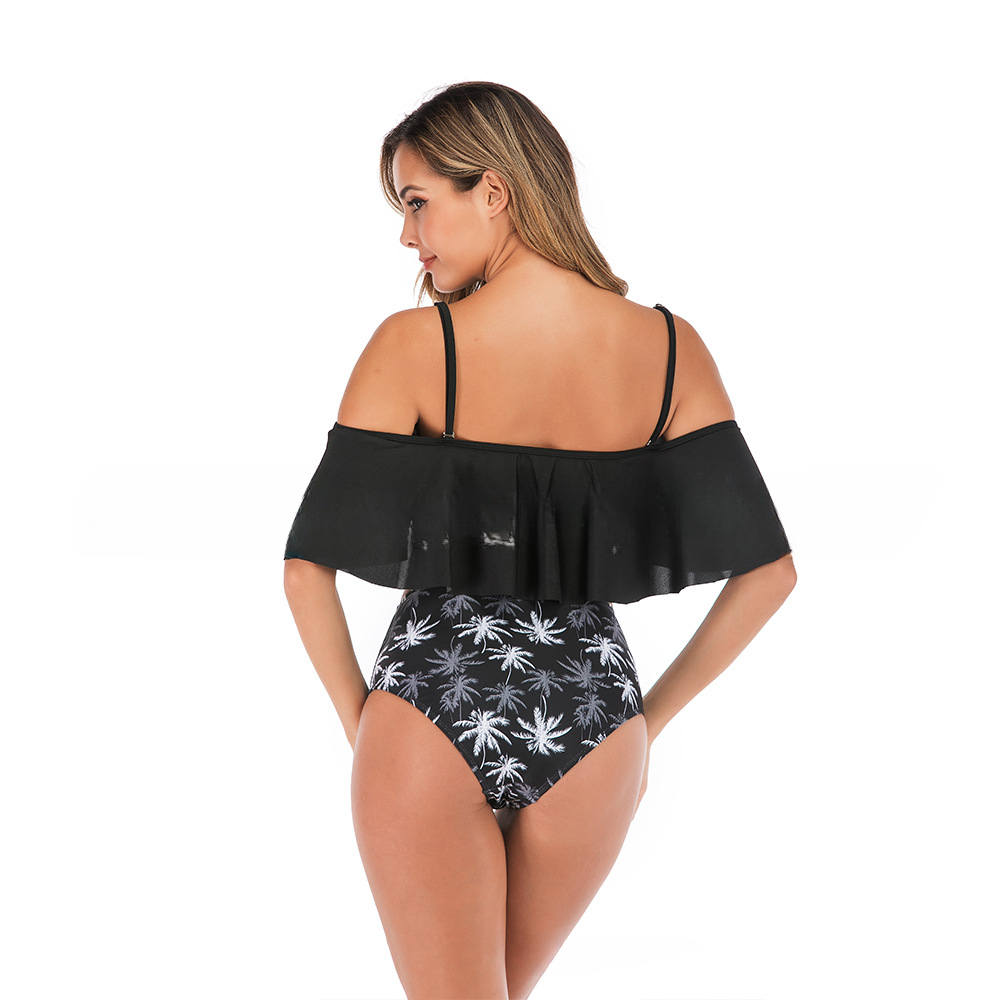 Women's two-piece swimsuit with exposed shoulders, lotus leaf edges, exposed navel, high waist bikini