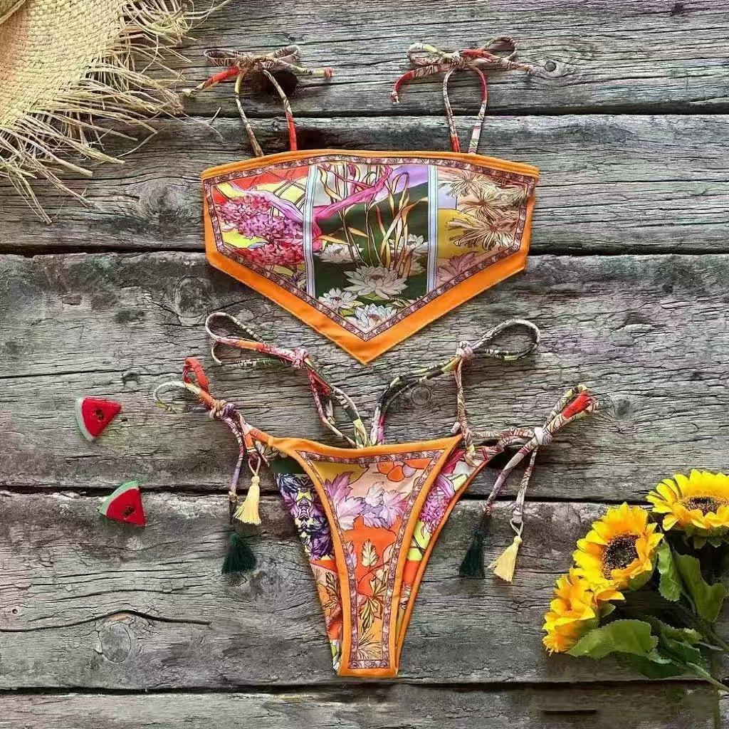 (image for) Women Vintage Bandana Print Tie Side Bikini Set, Sexy Handkerchief Bandeau Two Piece Swimsuit with Tassel Detail, Padded Cups Bathing Suit S-XL