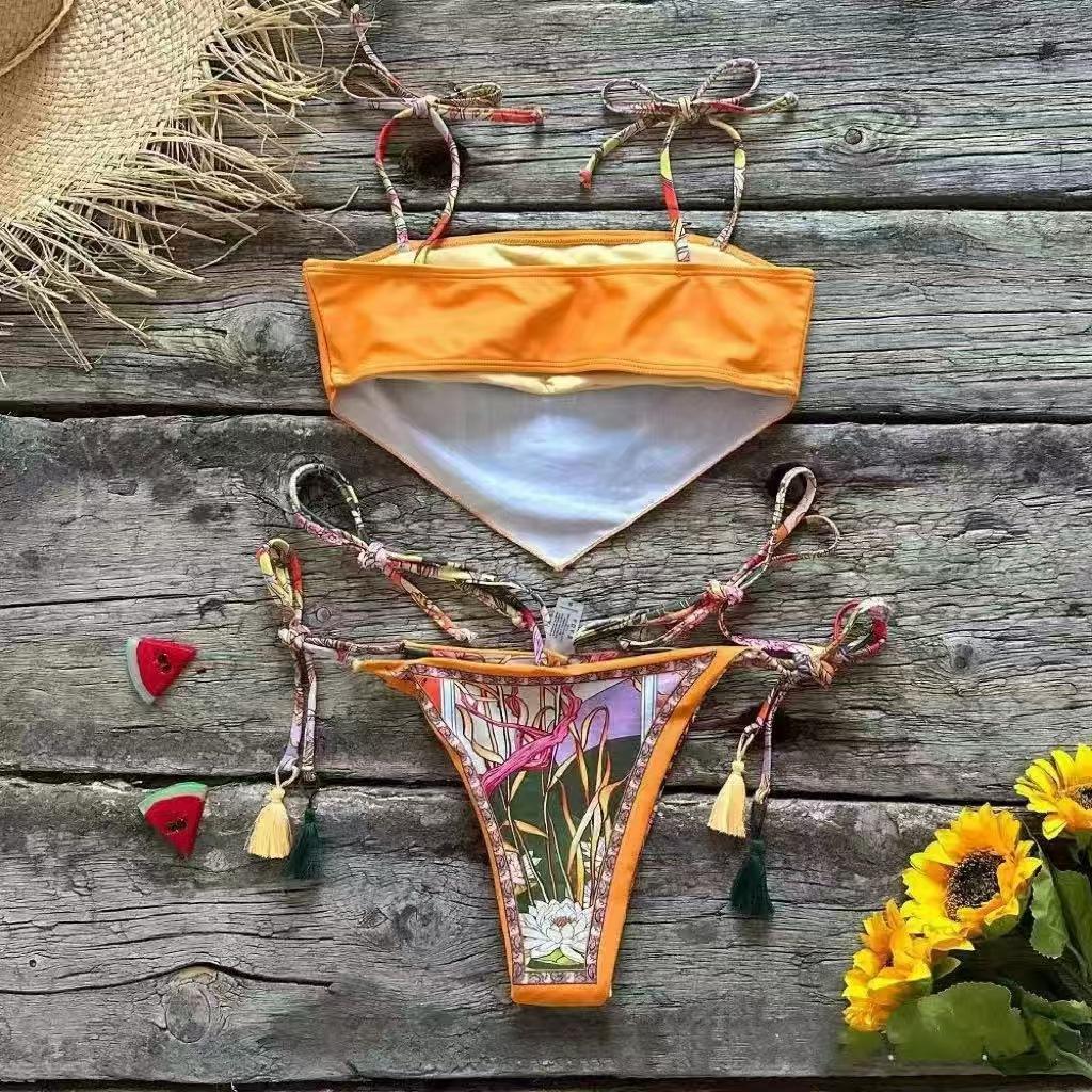 (image for) Women Vintage Bandana Print Tie Side Bikini Set, Sexy Handkerchief Bandeau Two Piece Swimsuit with Tassel Detail, Padded Cups Bathing Suit S-XL