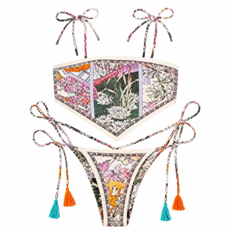 (image for) Women Vintage Bandana Print Tie Side Bikini Set, Sexy Handkerchief Bandeau Two Piece Swimsuit with Tassel Detail, Padded Cups Bathing Suit S-XL