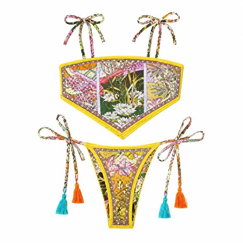 (image for) Women Vintage Bandana Print Tie Side Bikini Set, Sexy Handkerchief Bandeau Two Piece Swimsuit with Tassel Detail, Padded Cups Bathing Suit S-XL