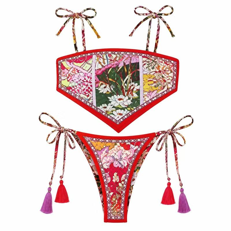 (image for) Women Vintage Bandana Print Tie Side Bikini Set, Sexy Handkerchief Bandeau Two Piece Swimsuit with Tassel Detail, Padded Cups Bathing Suit S-XL