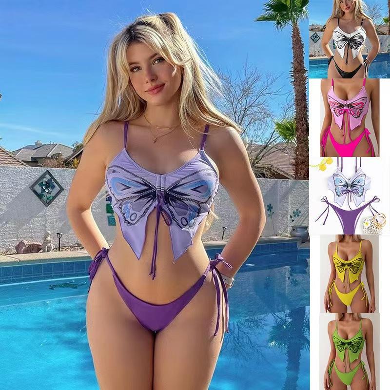 (image for) Women Butterfly Print Push Up Bikini Set, Tie Side Sexy Two Piece Swimsuit with Padded Cups, Beach Vacation Bathing Suit 6 Colors S-XL