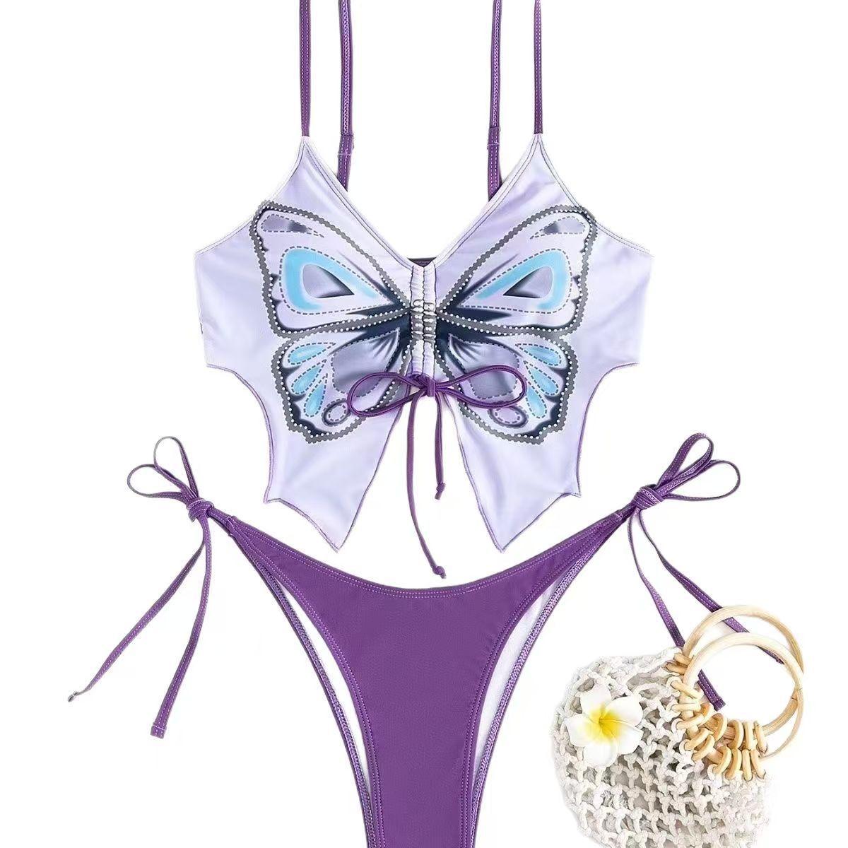 (image for) Women Butterfly Print Push Up Bikini Set, Tie Side Sexy Two Piece Swimsuit with Padded Cups, Beach Vacation Bathing Suit 6 Colors S-XL