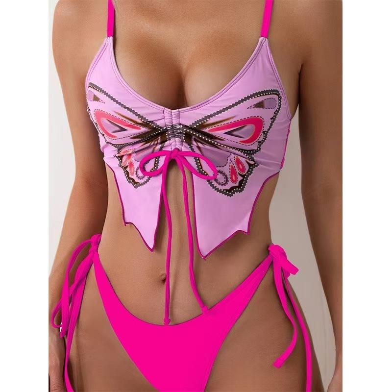 (image for) Women Butterfly Print Push Up Bikini Set, Tie Side Sexy Two Piece Swimsuit with Padded Cups, Beach Vacation Bathing Suit 6 Colors S-XL