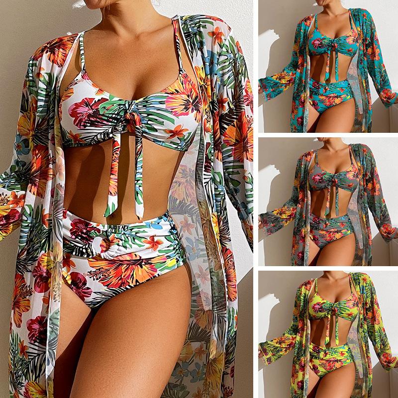Women 3 Piece Bikini Set with Long Sleeve Sheer Cover Up, Tropical Floral Print Tie Front Bathing Suit with Kimono Cardigan, Sexy Vacation Swimwear S-XXXL