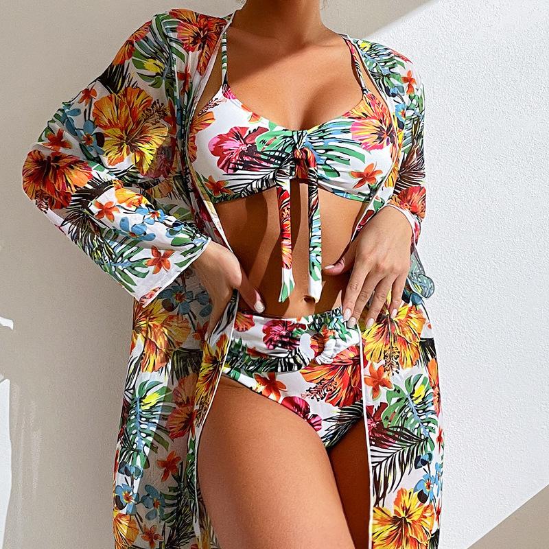 (image for) Women 3 Piece Bikini Set with Long Sleeve Sheer Cover Up, Tropical Floral Print Tie Front Bathing Suit with Kimono Cardigan, Sexy Vacation Swimwear S-XXXL