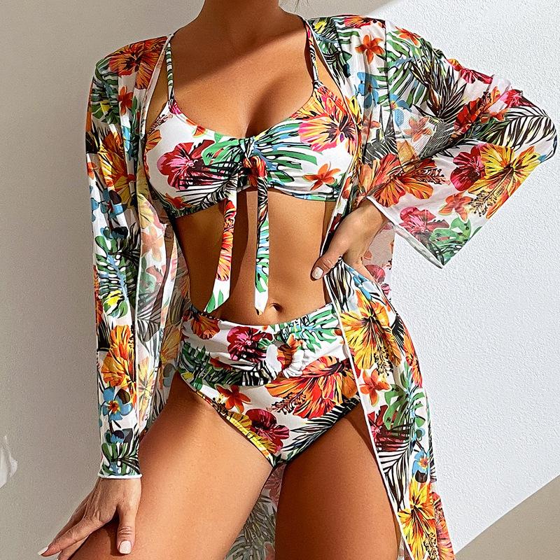 (image for) Women 3 Piece Bikini Set with Long Sleeve Sheer Cover Up, Tropical Floral Print Tie Front Bathing Suit with Kimono Cardigan, Sexy Vacation Swimwear S-XXXL